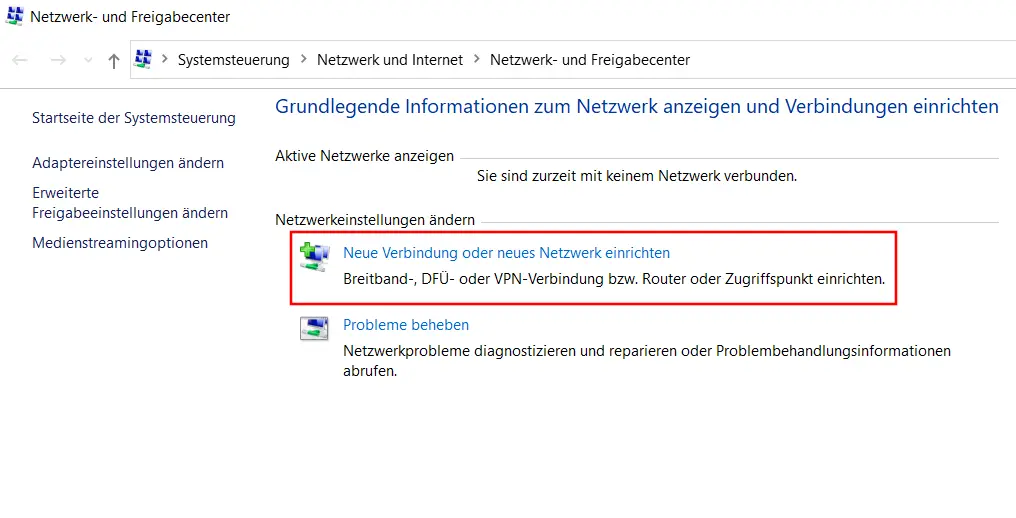 Netzerkcenter in der Systemsteuerung